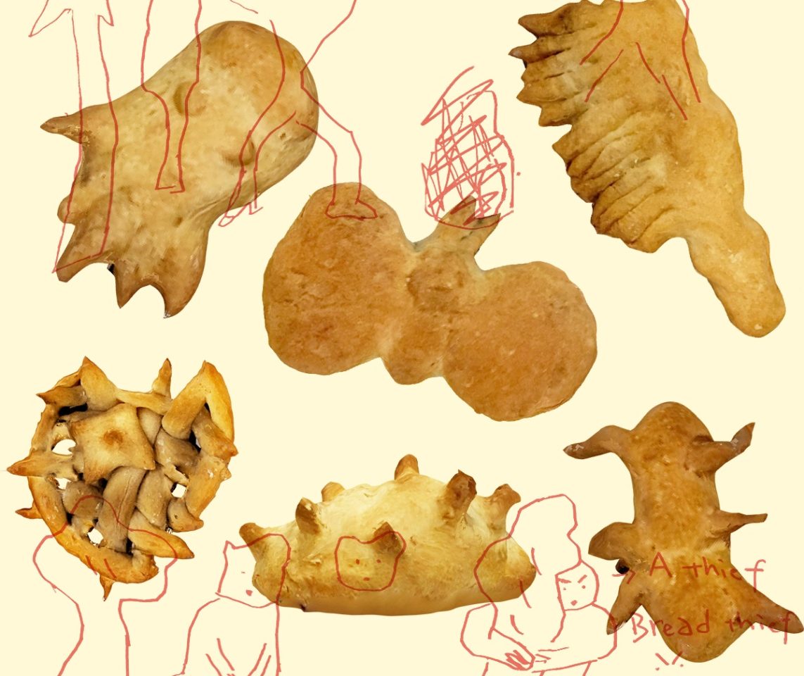 A collage with illustrations of people and pictures of bread.