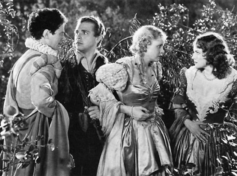 It's an old black and white movie where two men and women are looking at one another.